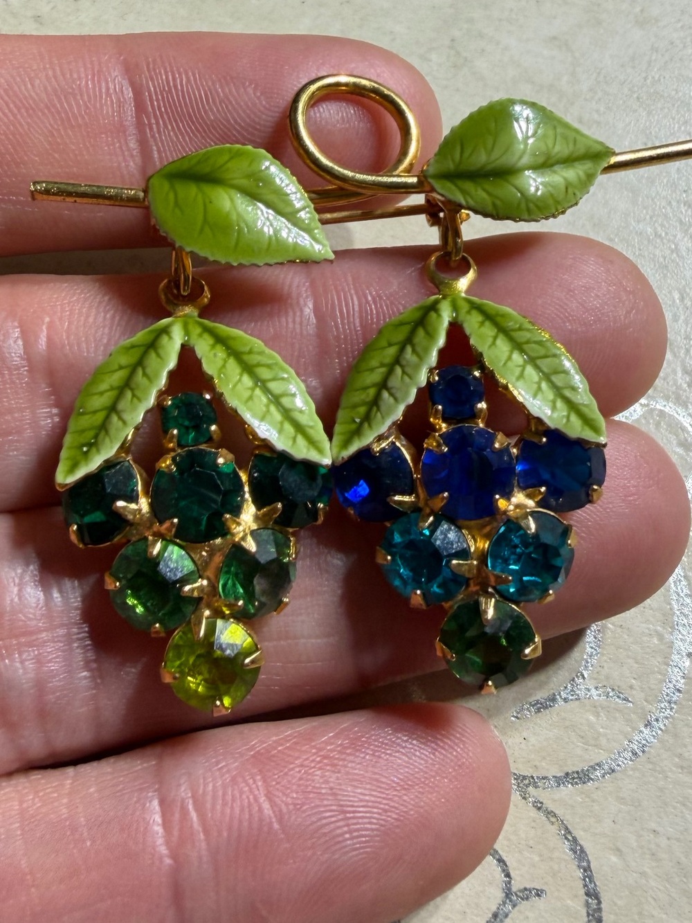 Vintage Gold Tone Green Leaf Cluster Rhinestone Brooch